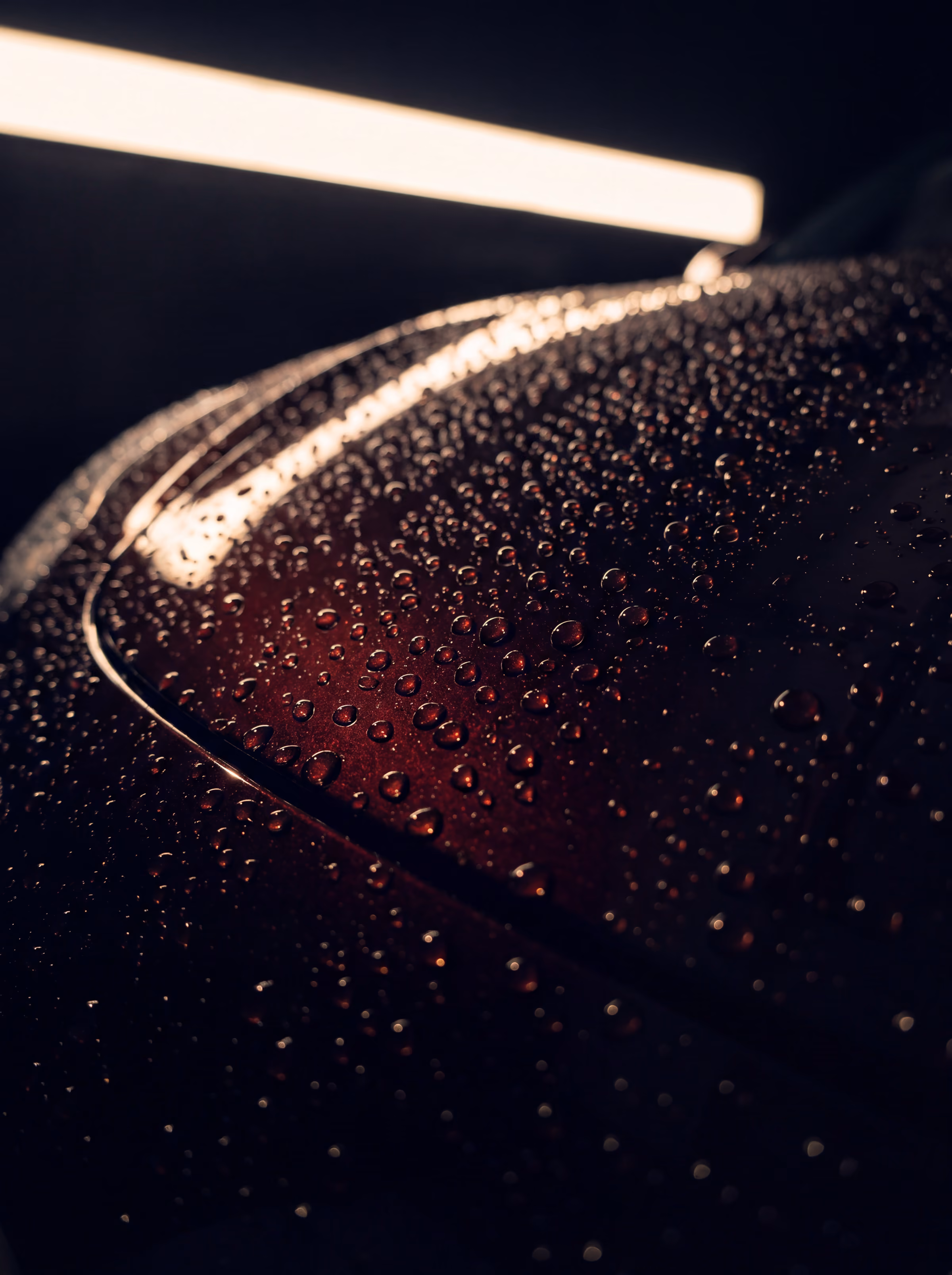 Water beading into tight droplets on a filmed dark gloss panel.
