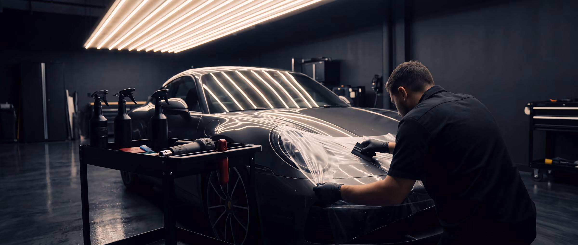 An installer laying film on a car’s front bumper under a light tunnel in a dark workshop.